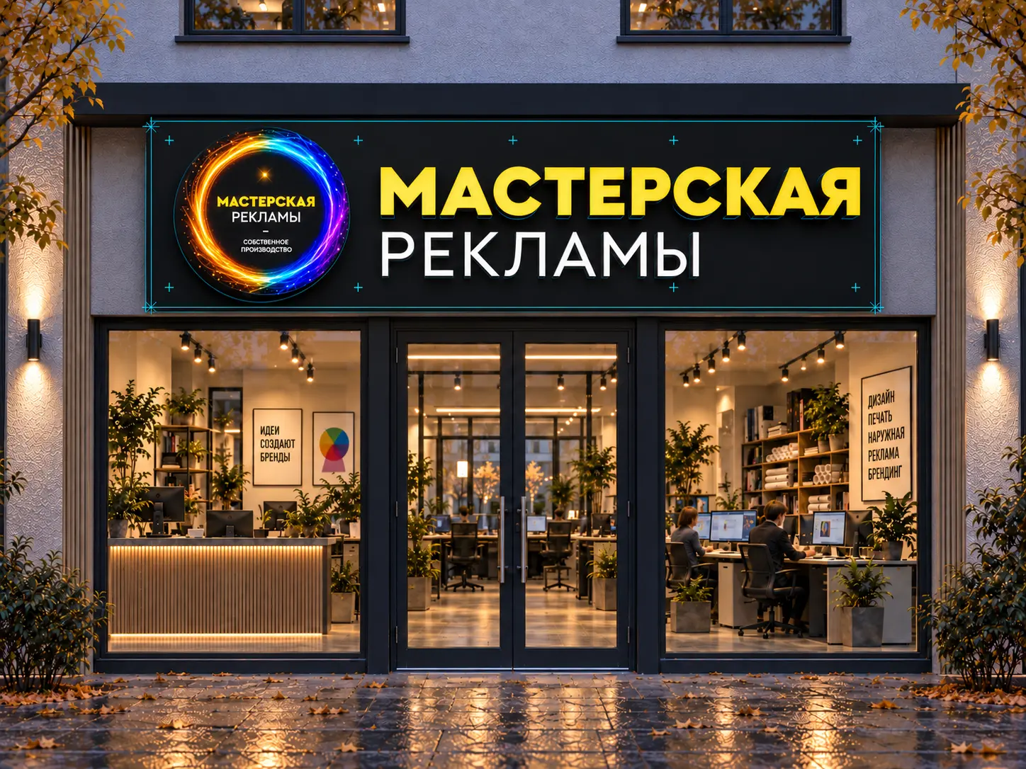 Проект фасада рекламного агентства: чёрная композитная кассета с круглым световым логотипом и объёмными буквами расположена по центру двустворчатого входа